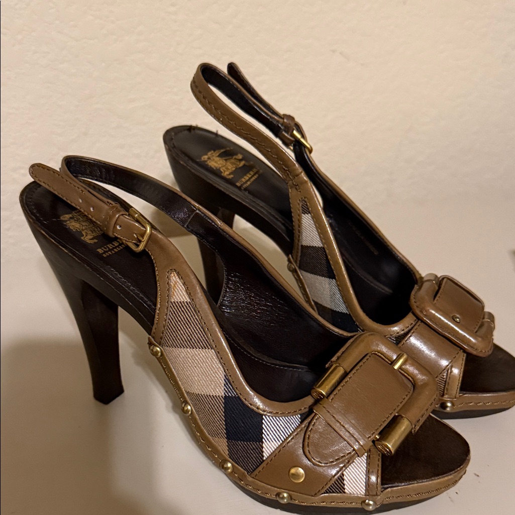 Burberry Tan & Black Check Slingback Heels